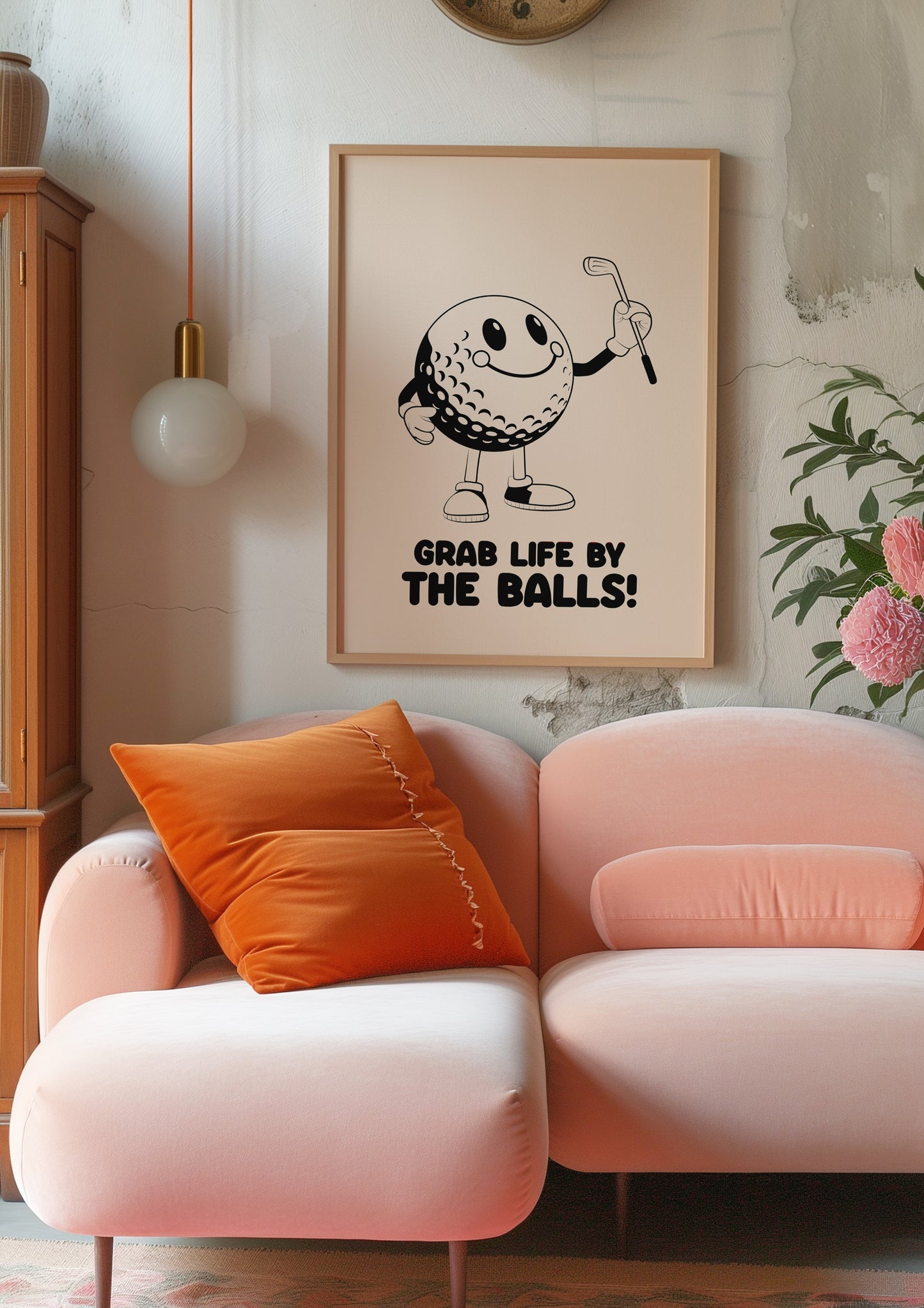 Grab life by the balls, Playful Golf Art Print: Retro Golf Ball Mascot, Customisable Colours