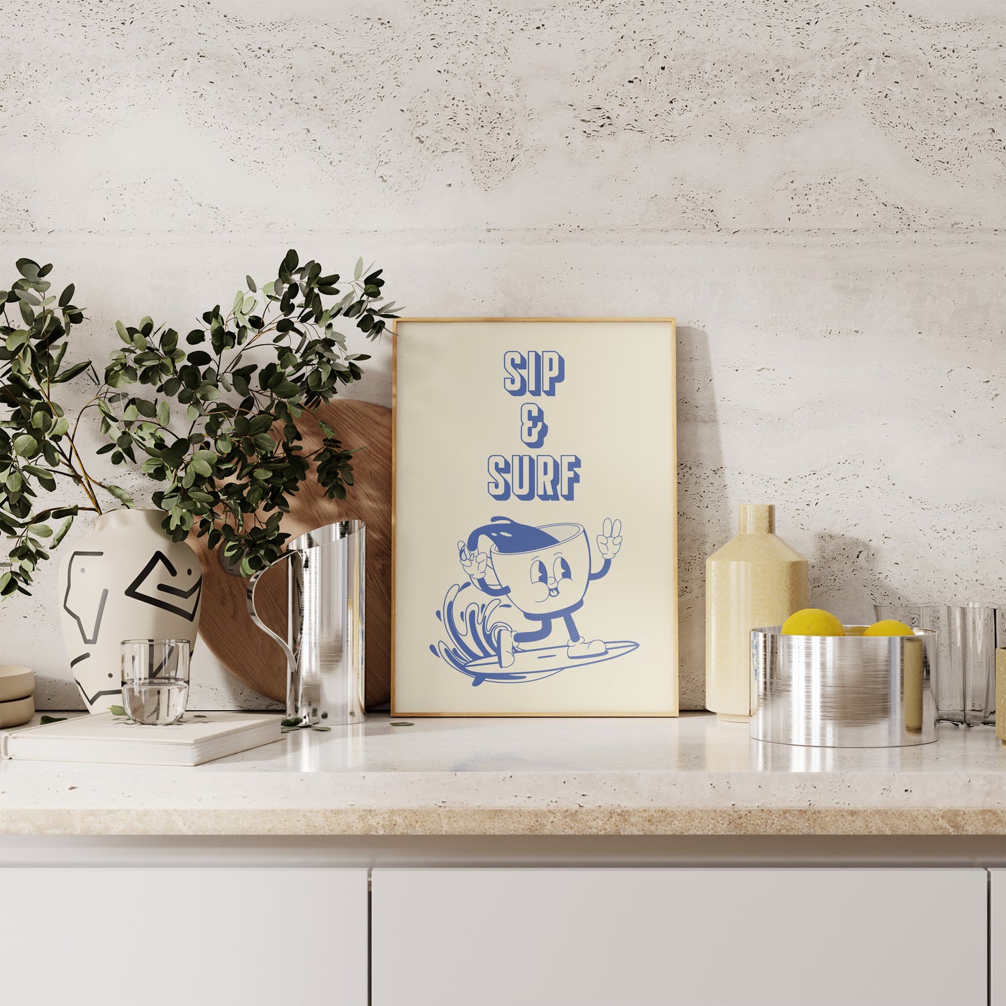 Sip & Surf Retro Coffee Surf Print: Funny Kitchen Wall Art