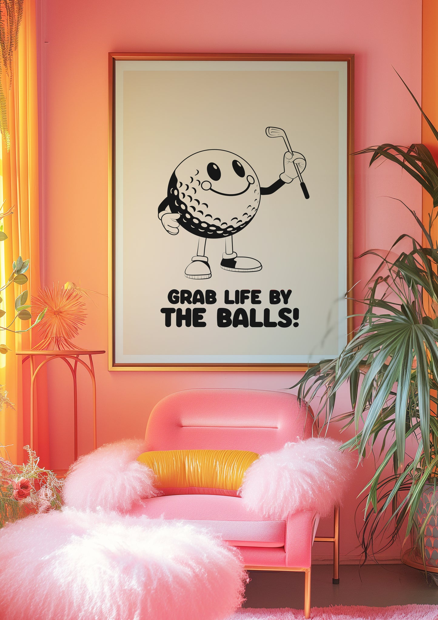 Grab life by the balls, Playful Golf Art Print: Retro Golf Ball Mascot, Customisable Colours