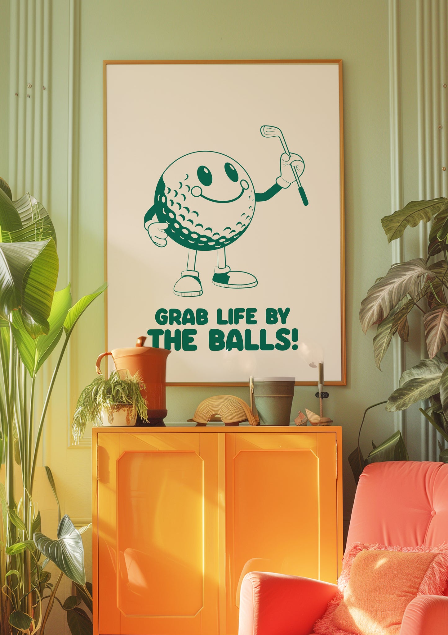 Grab life by the balls, Playful Golf Art Print: Retro Golf Ball Mascot, Customisable Colours