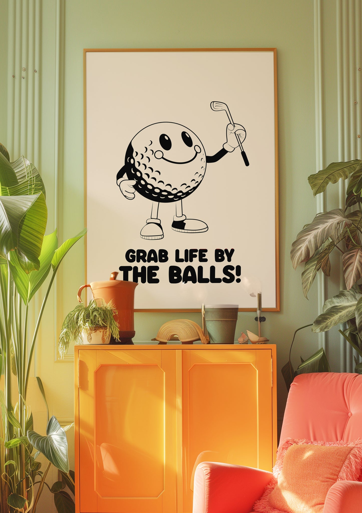 Grab life by the balls, Playful Golf Art Print: Retro Golf Ball Mascot, Customisable Colours