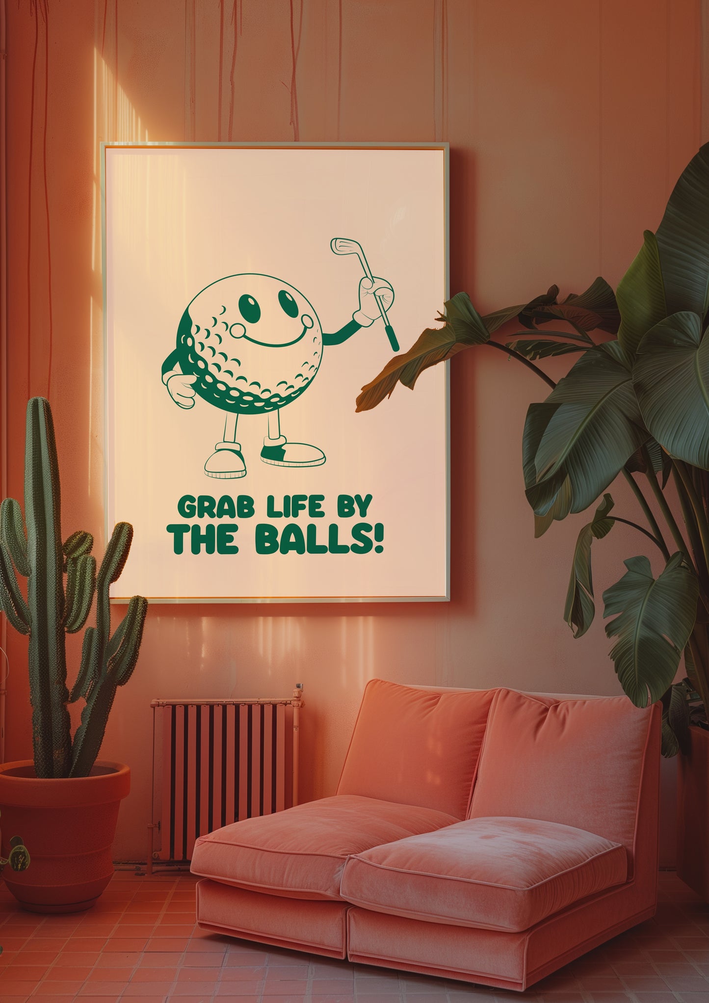 Grab life by the balls, Playful Golf Art Print: Retro Golf Ball Mascot, Customisable Colours