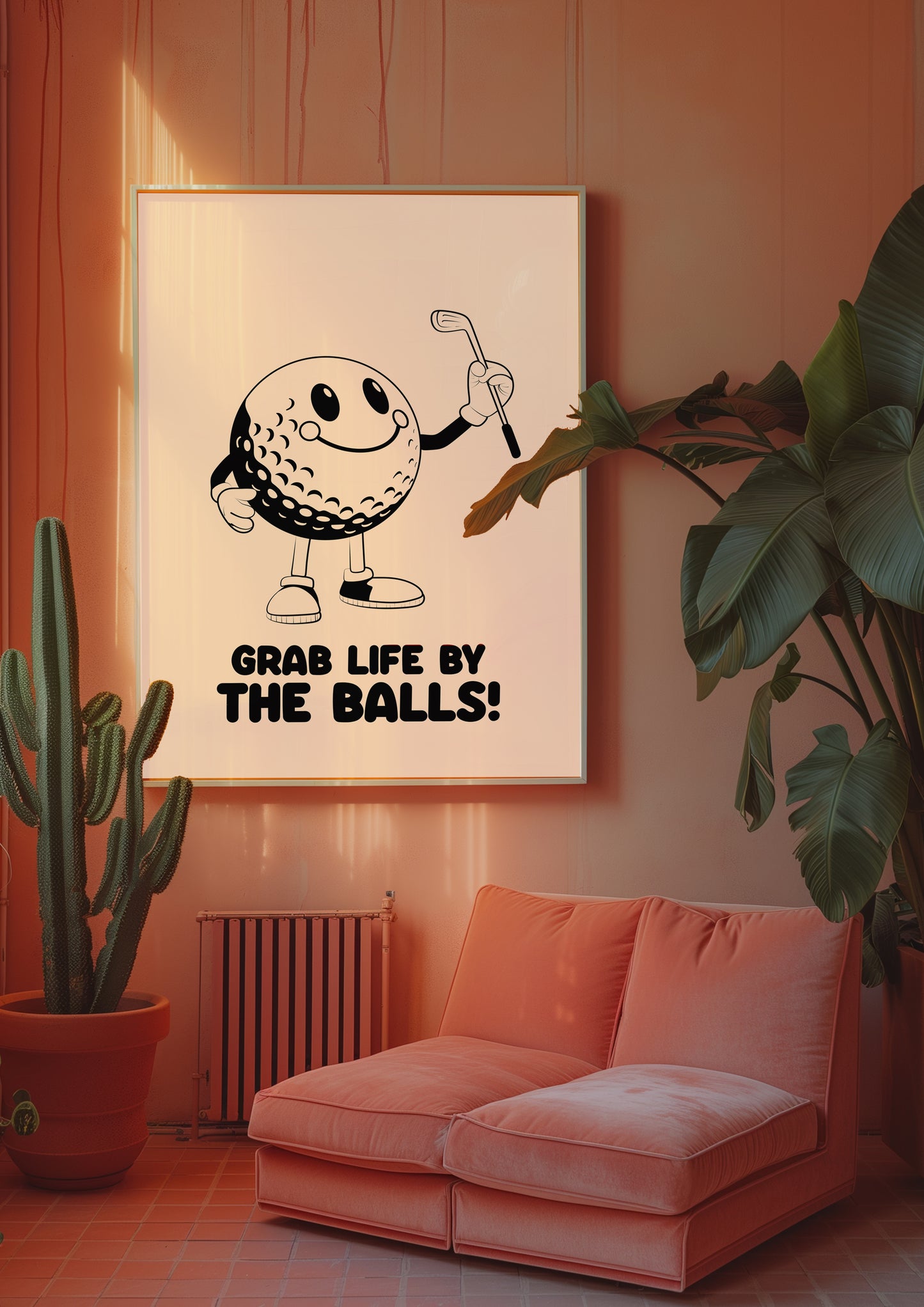 Grab life by the balls, Playful Golf Art Print: Retro Golf Ball Mascot, Customisable Colours
