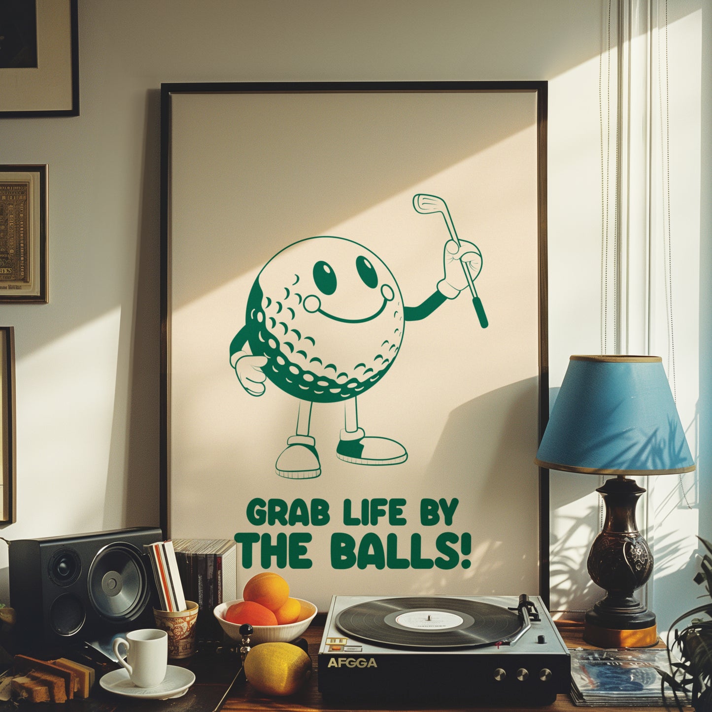 Grab life by the balls, Playful Golf Art Print: Retro Golf Ball Mascot, Customisable Colours