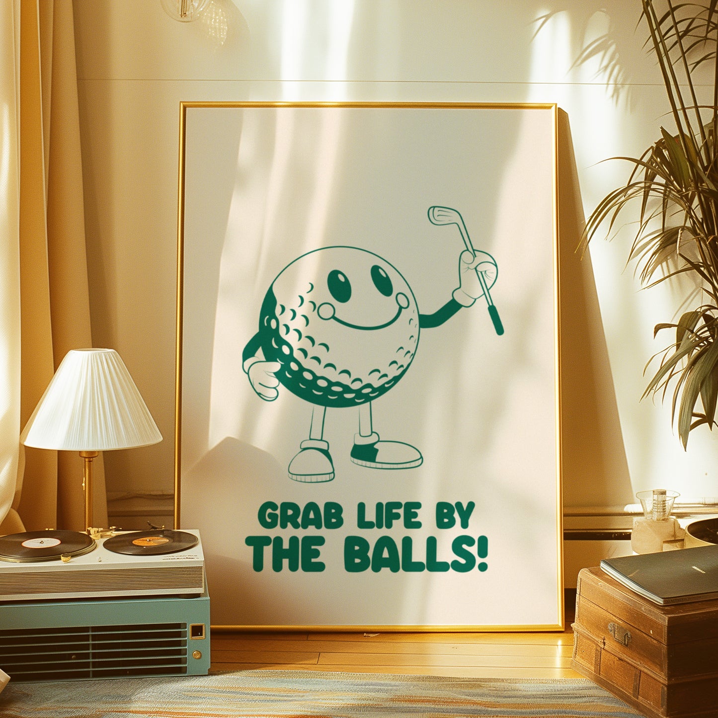 Grab life by the balls, Playful Golf Art Print: Retro Golf Ball Mascot, Customisable Colours